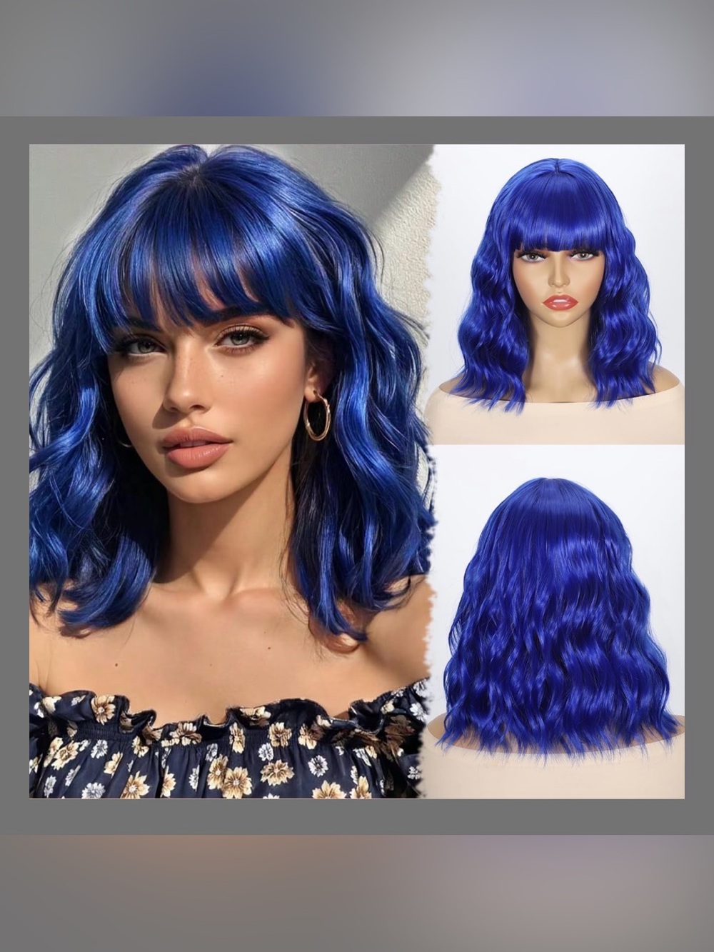 Ellieryan Blue Short Wavy Wig W/Bangs 14 “ Curly Bob Heat Resistant Synthetic